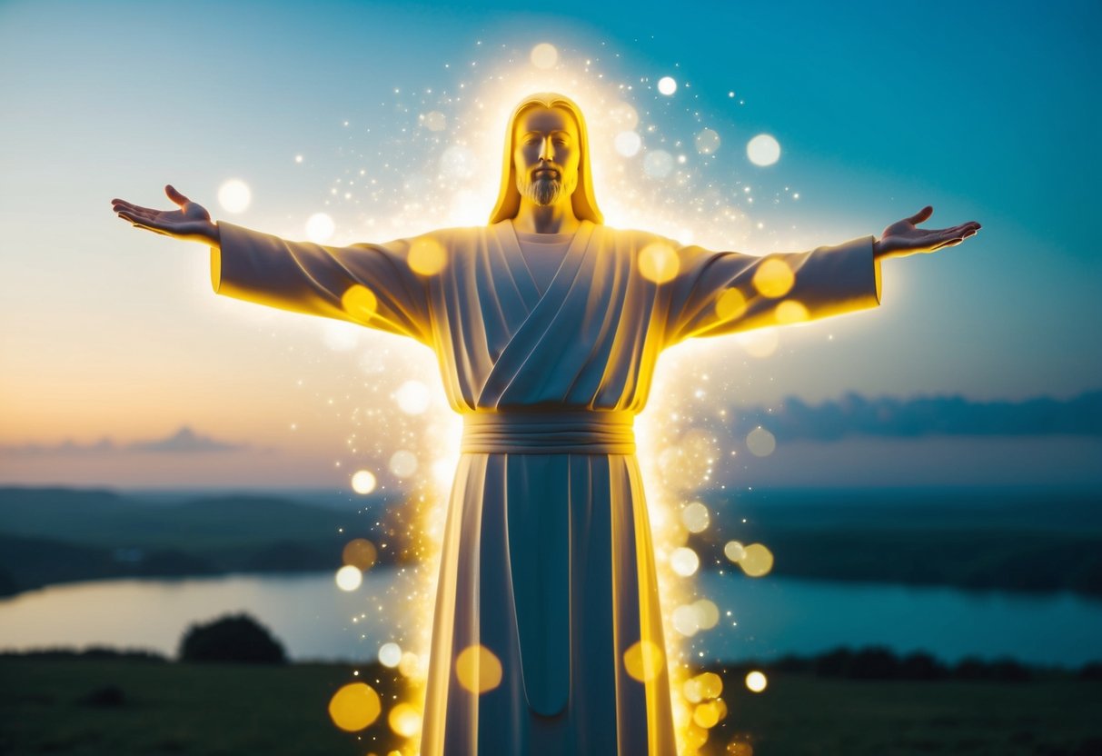 A glowing figure surrounded by light, with outstretched arms, stands in a serene landscape