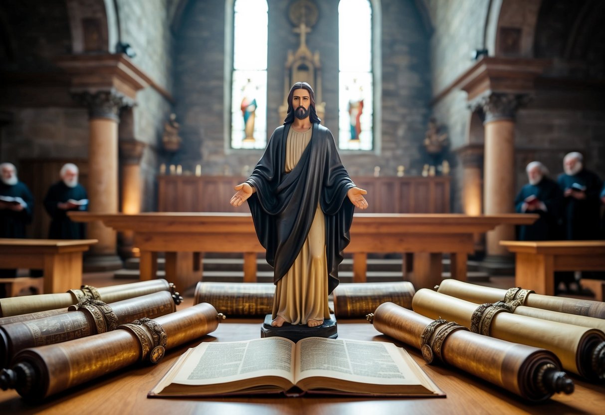 A group of ancient scrolls and religious texts surround a figure standing in a place of reverence, symbolizing the historical context and sources that contributed to the understanding of Jesus