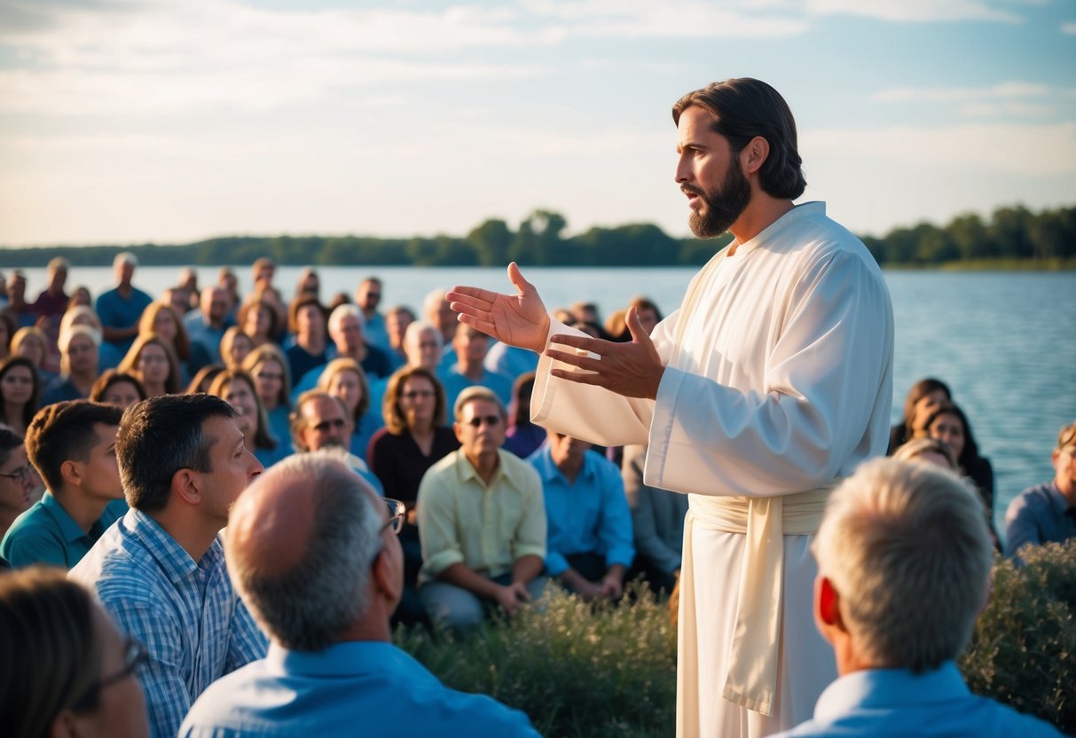 Jesus speaks to a crowd near a body of water, surrounded by people listening intently. He gestures with authority and compassion