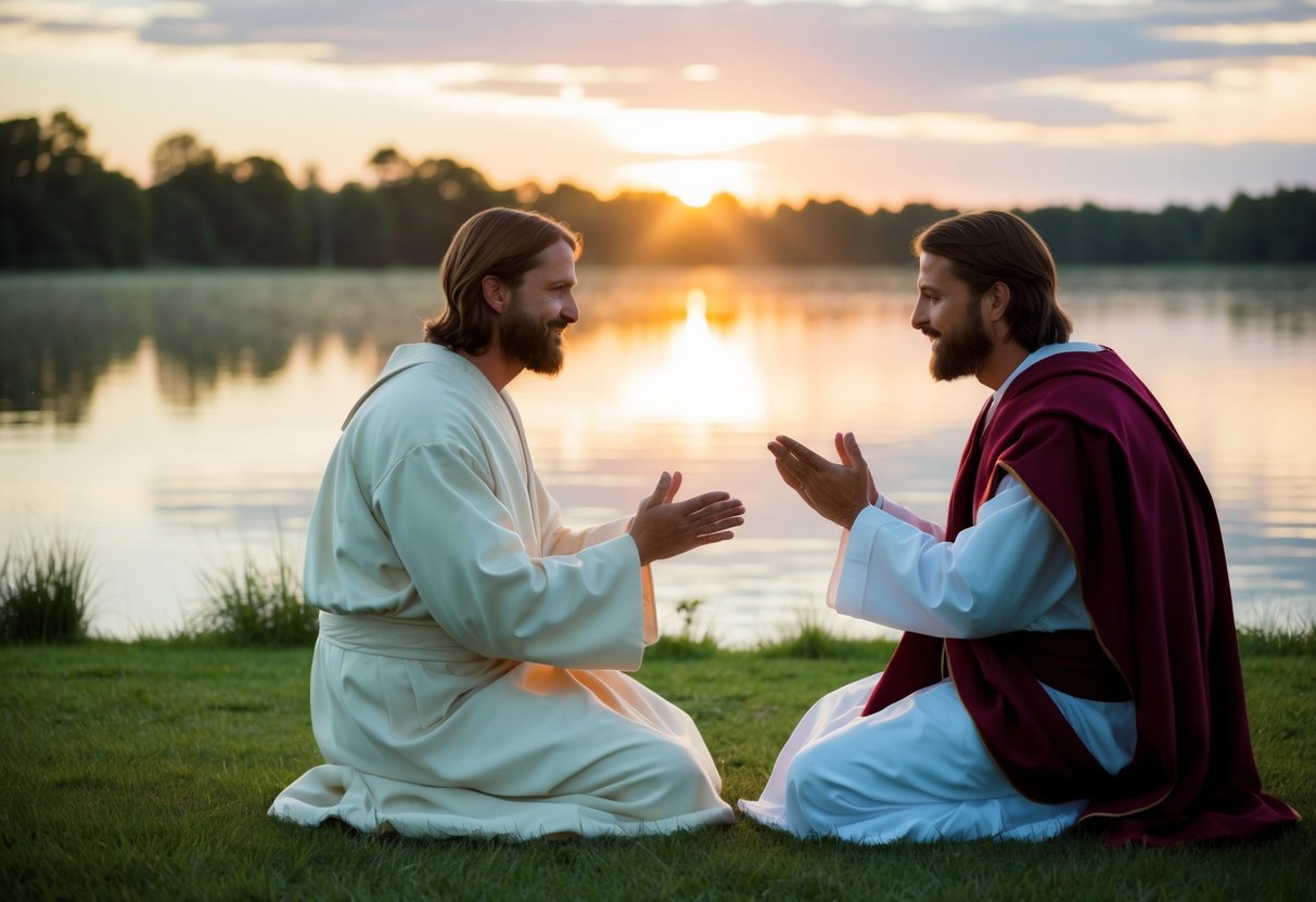 Jesus and John sitting by a peaceful lake, with the sun setting behind them, sharing a moment of deep connection and understanding
