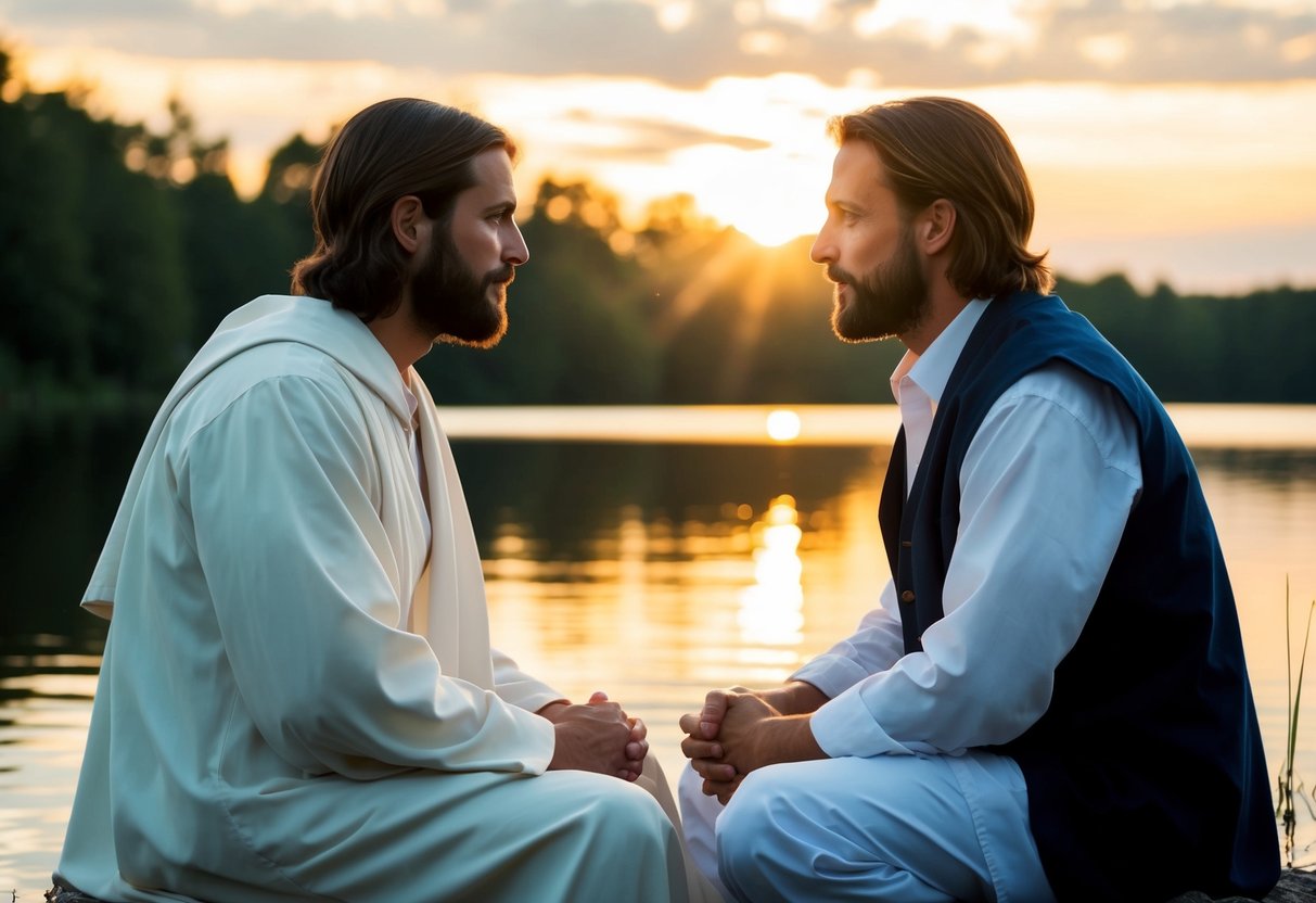 Jesus and John sitting by a calm lake, sharing a deep conversation. The sun setting behind them, casting a warm glow on their faces