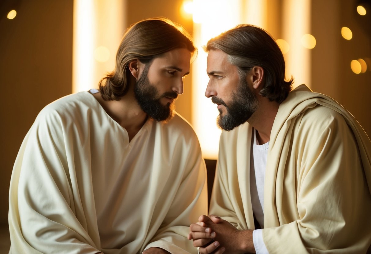 Jesus and John sitting closely, heads tilted in deep conversation, surrounded by a warm, golden light