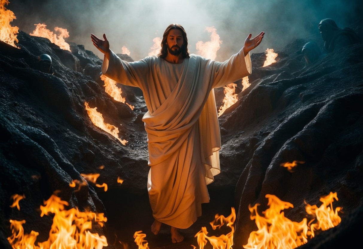 Jesus descending into a dark, fiery pit, surrounded by swirling flames and shadowy figures