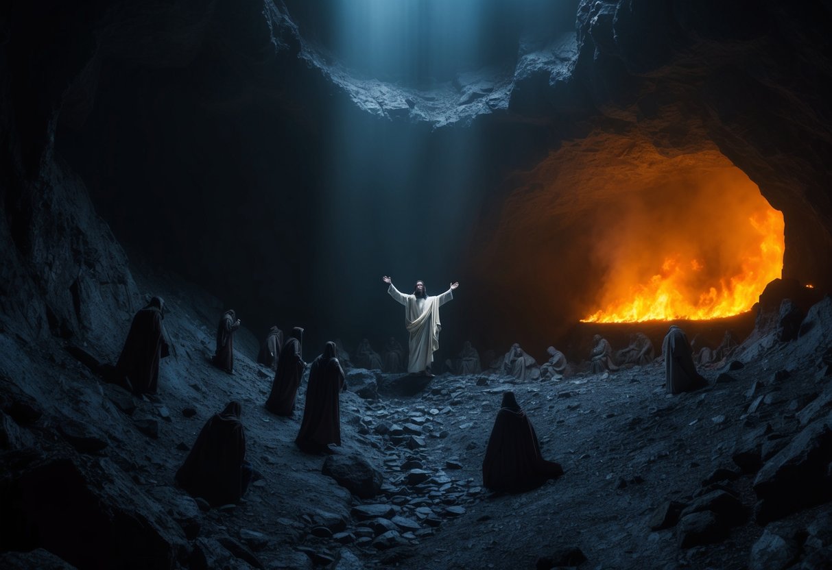 A dark, cavernous abyss with shadowy figures and fiery depths, where Jesus descends to confront and conquer the powers of hell