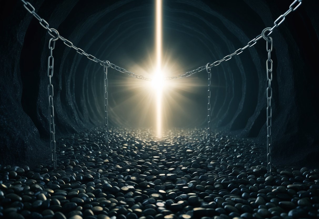 A dark, cavernous realm with chains broken and light breaking through, symbolizing Christ's victory over death and liberation of souls