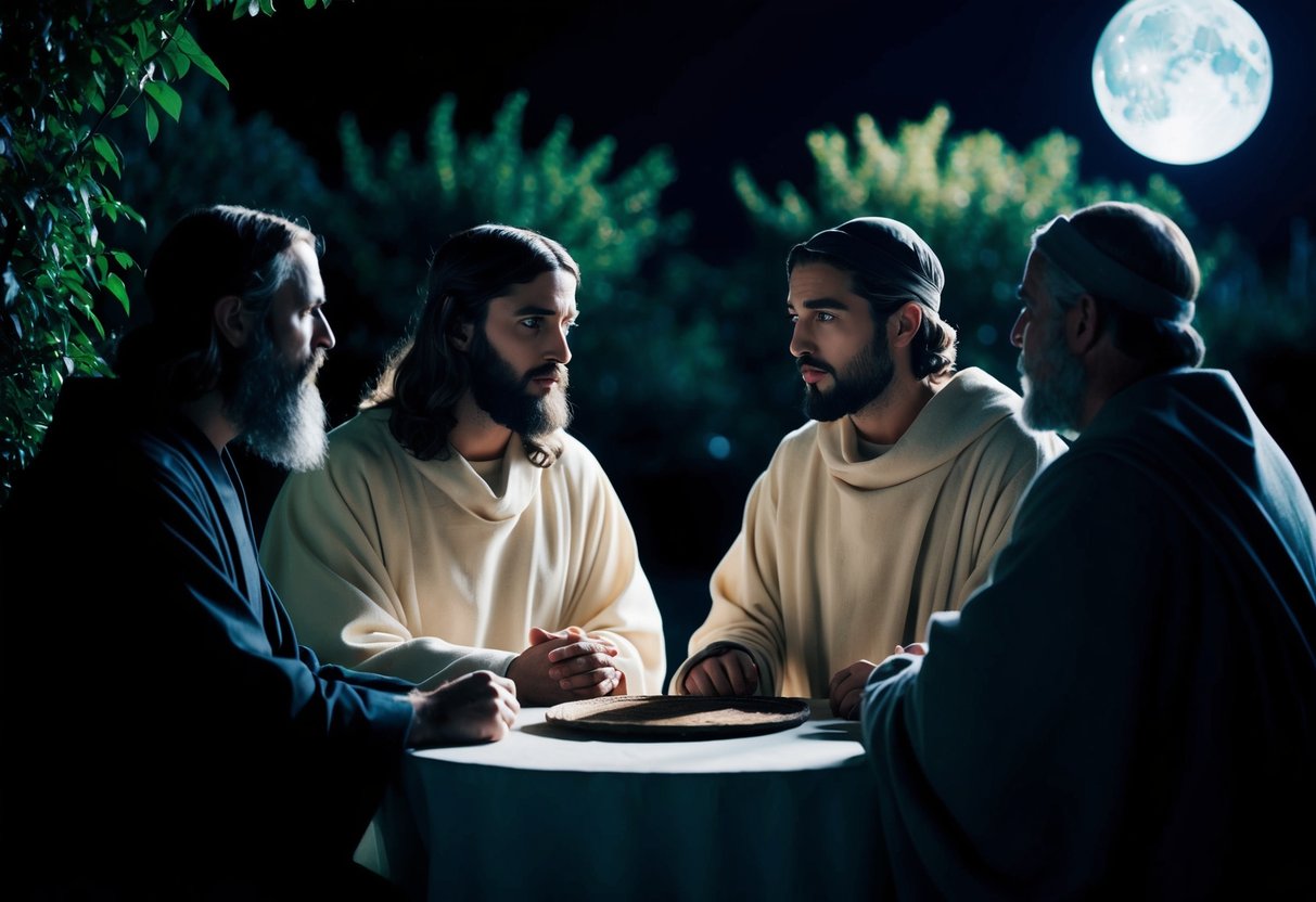 Jesus and Judas meet in a dimly lit garden at night. The moon casts shadows as they engage in conversation, their expressions tense and serious