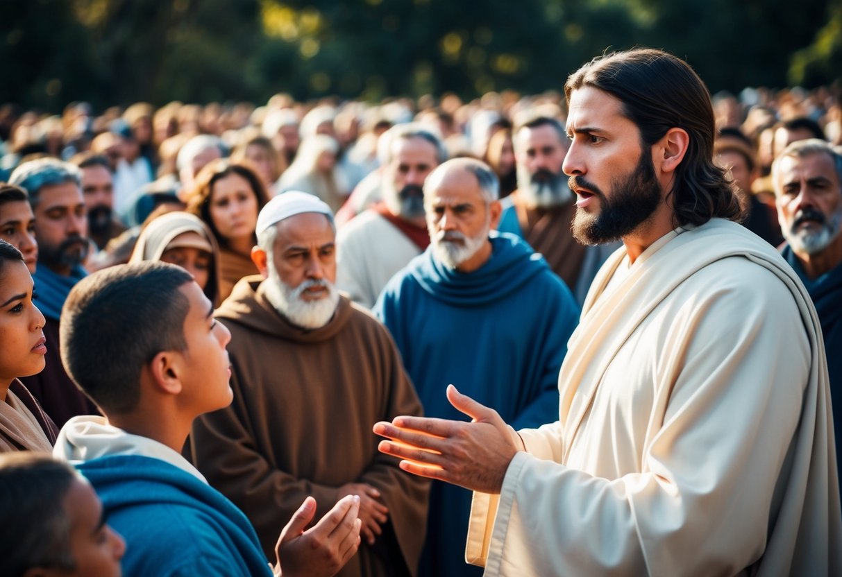 Jesus approaches Judas in a crowd, speaking with authority and compassion. Judas listens intently, his expression reflecting a mix of curiosity and uncertainty