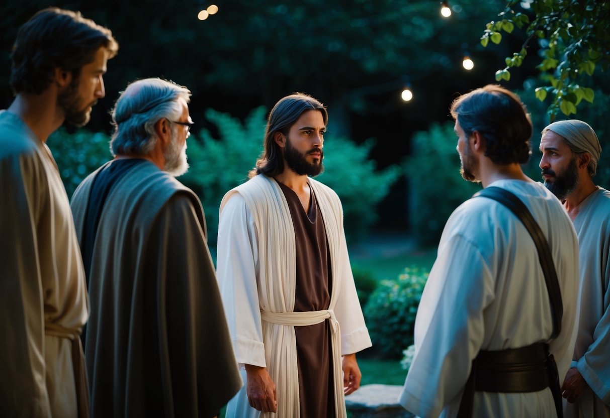 Jesus and Judas meet in a dimly lit garden, with Judas approaching Jesus from behind, a look of betrayal on his face