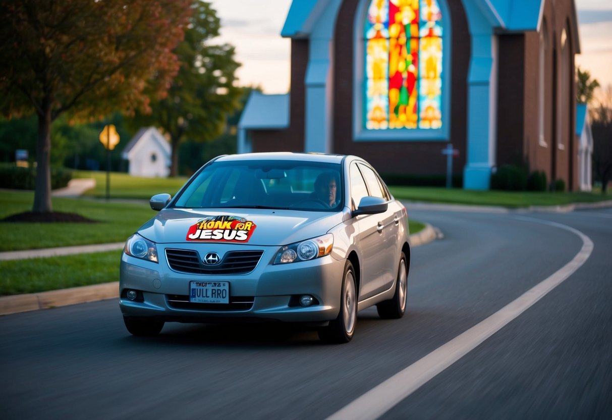 A car with a "Honk for Jesus" bumper sticker drives past a church with a colorful stained glass window