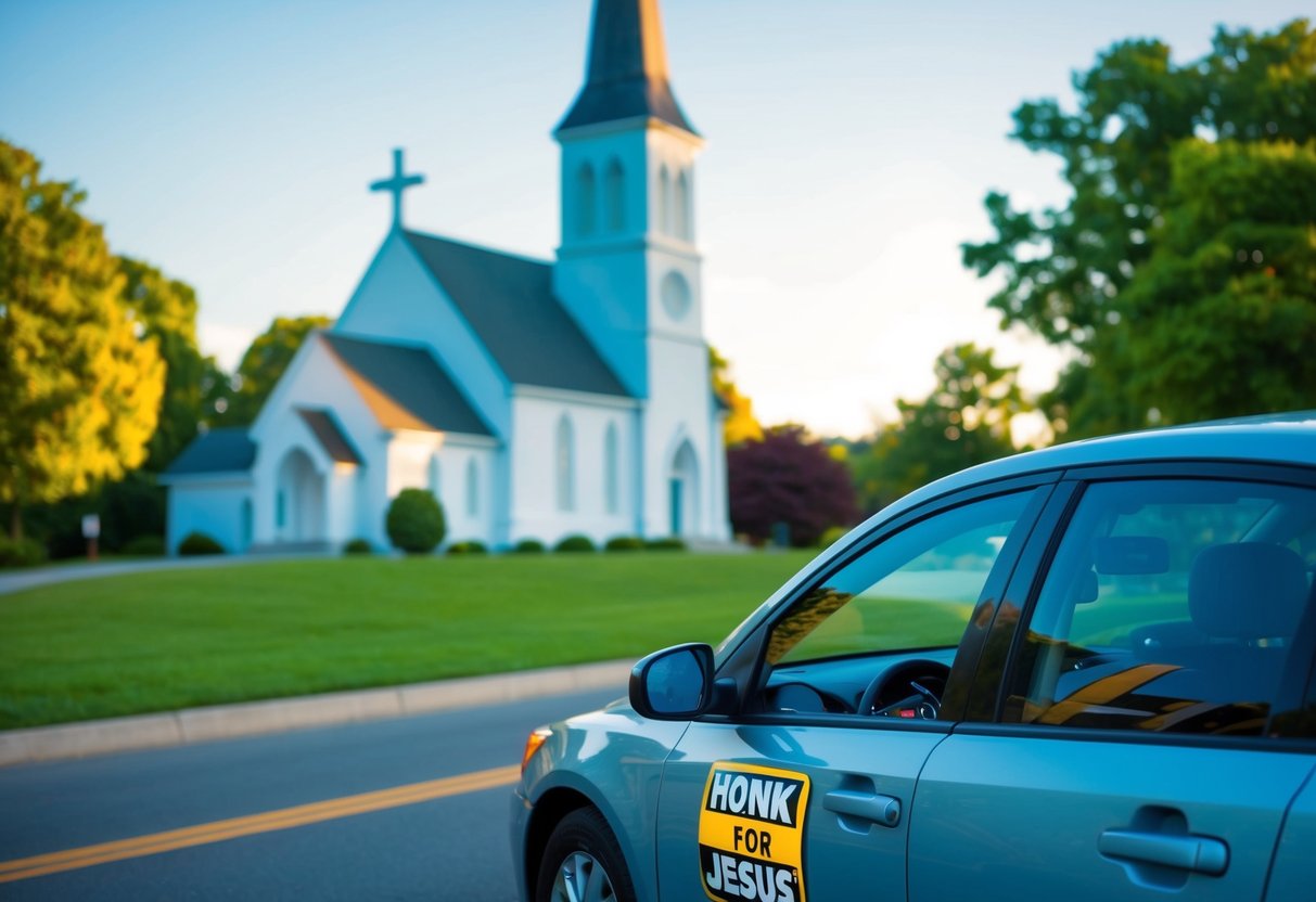 A car with a "Honk for Jesus" bumper sticker drives past a church with a large cross on the steeple