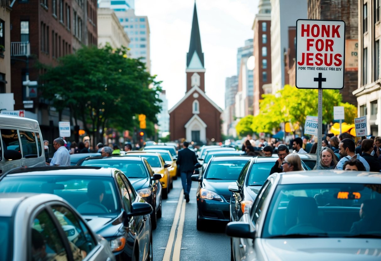 A crowded city street, with cars honking and people bustling, while a small church stands in the background with a prominent "Honk for Jesus" sign