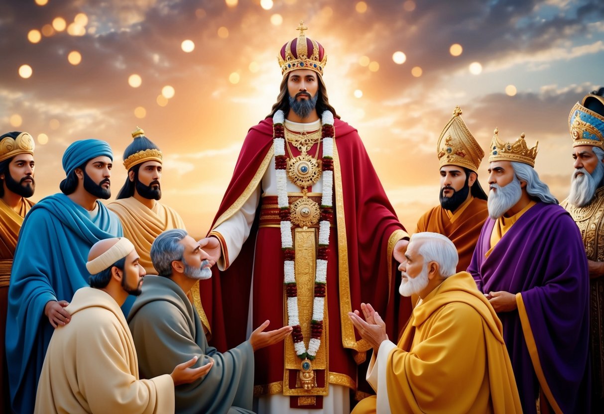 A majestic figure surrounded by ancient prophets and kings, emanating wisdom and compassion