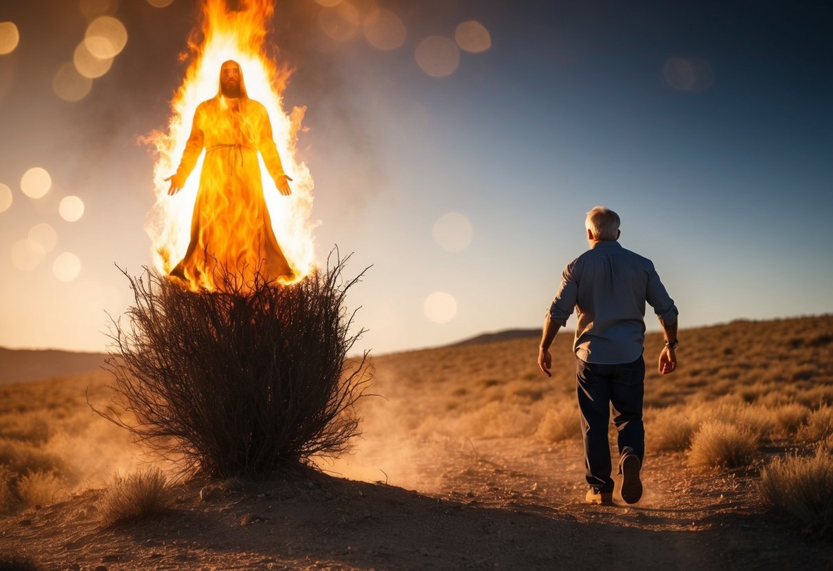 A radiant figure appears in a burning bush, guiding a man through the wilderness