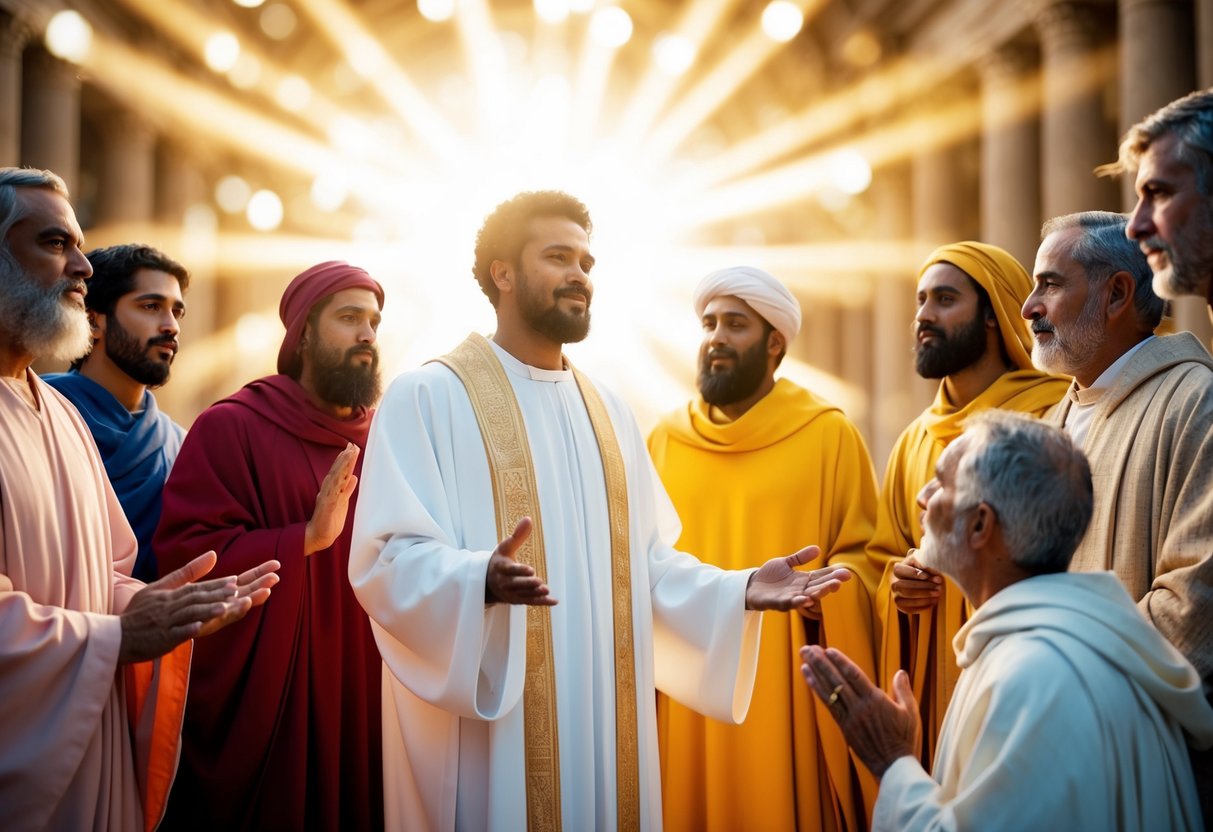 A radiant figure stands among ancient prophets, their faces turned towards him in reverence and awe