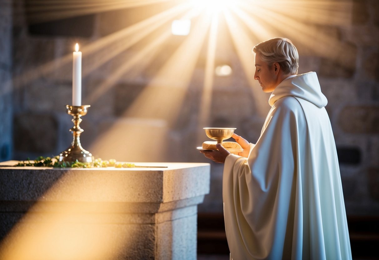 A figure in a flowing robe stands before a stone altar, holding a chalice and bread. A radiant light surrounds the figure, casting a warm glow