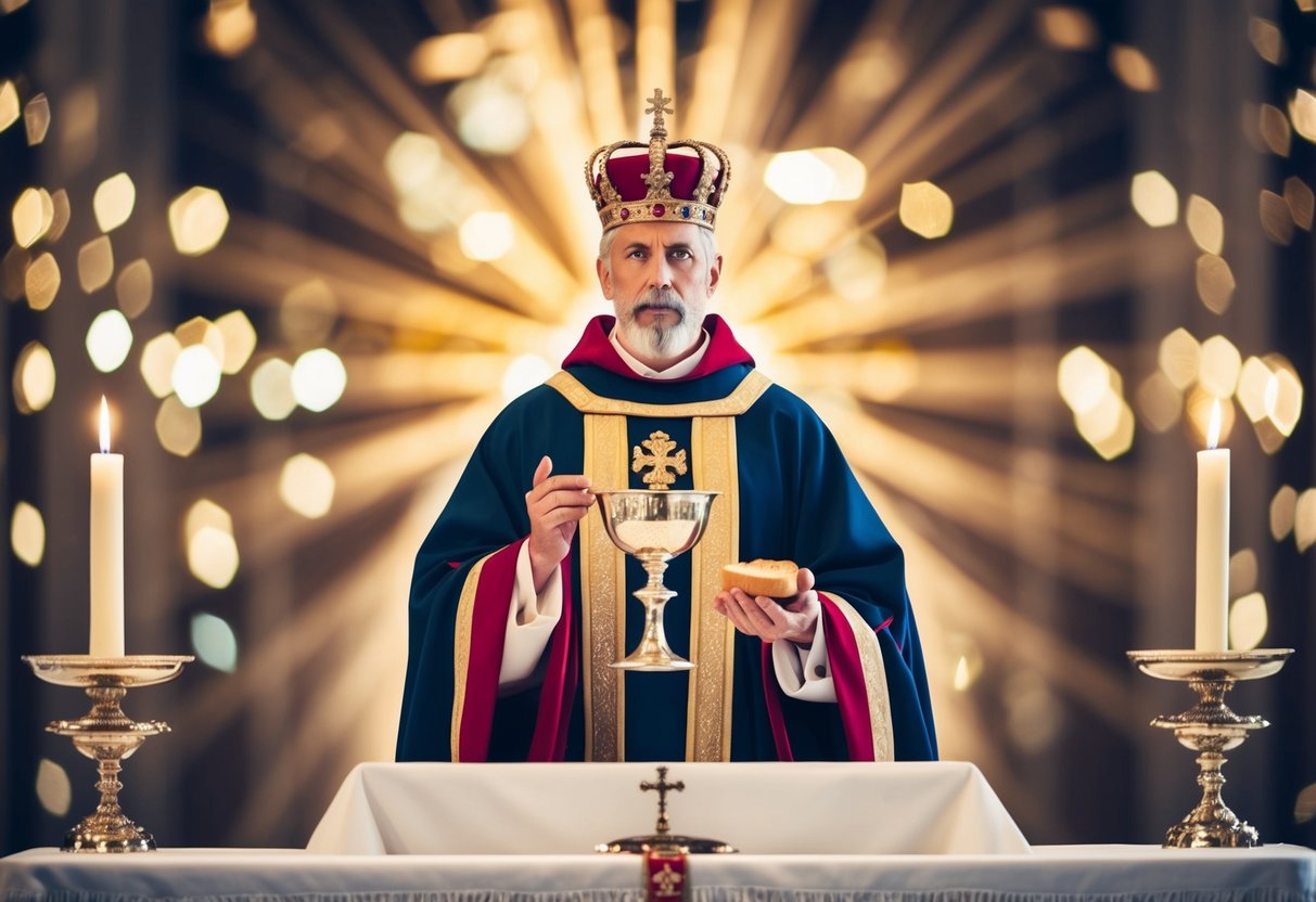 A regal figure stands before an altar, holding a chalice and offering bread. A crown rests on his head, and a radiant light surrounds him