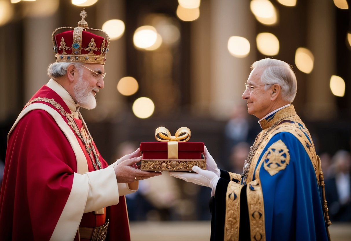 A regal figure presents a gift to another figure in a gesture of reverence and honor
