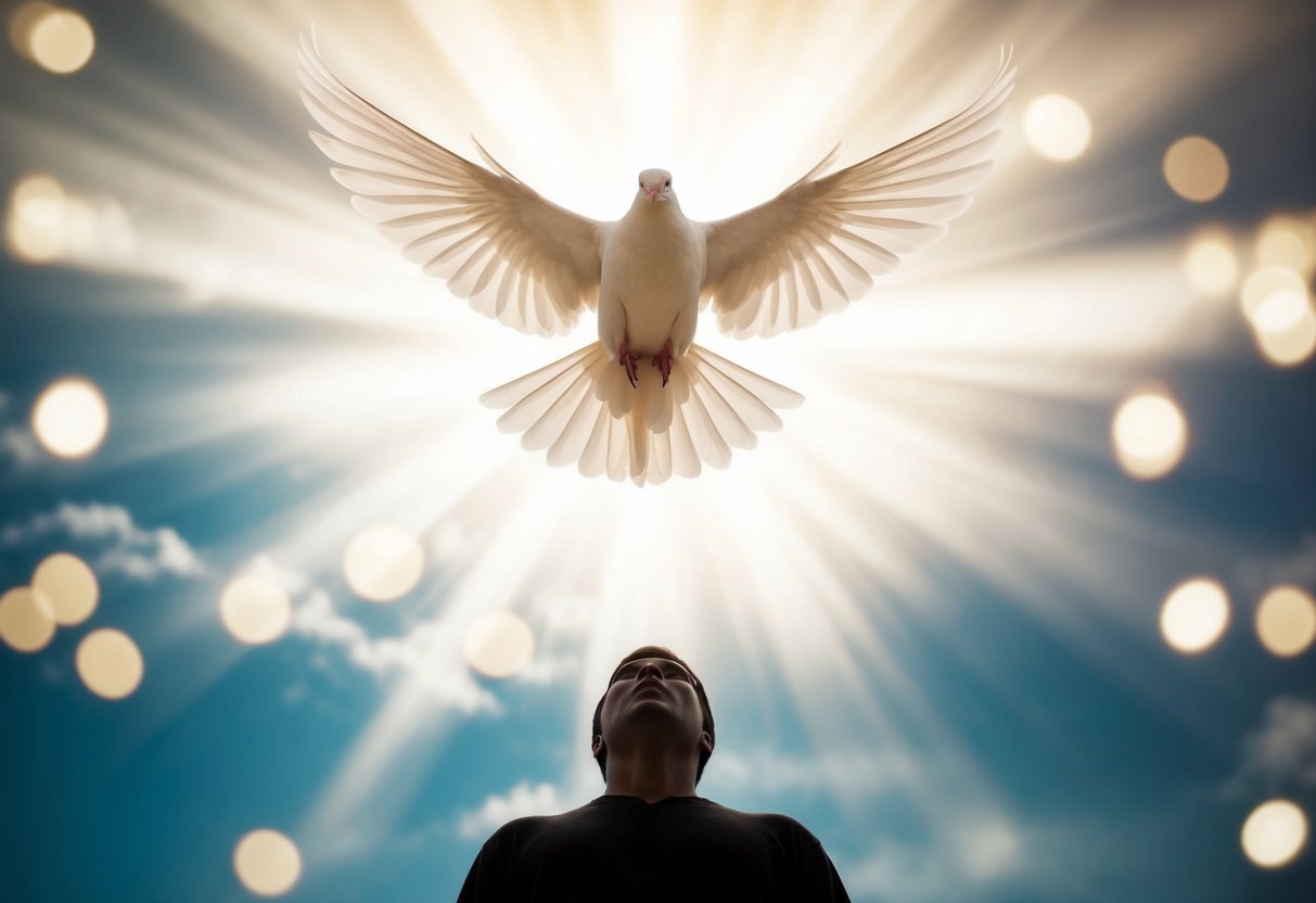A dove descends from the heavens, radiating light, as a figure below looks upward in awe