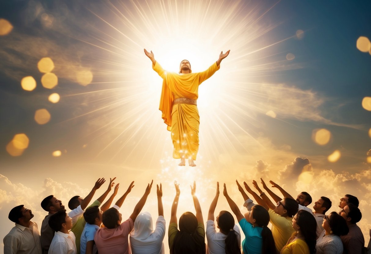 A radiant figure ascending to the heavens, surrounded by a glowing aura and surrounded by adoring followers