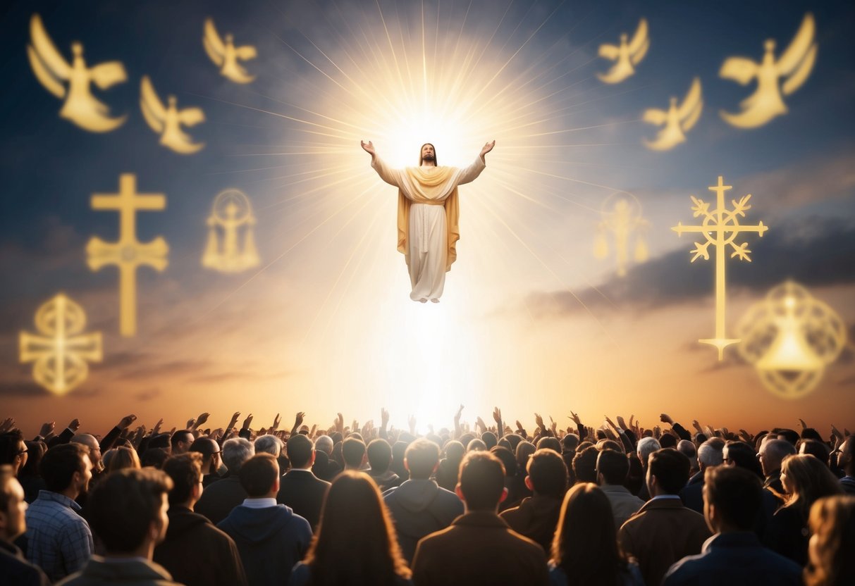A radiant figure ascending above a crowd, surrounded by symbols of divinity and heavenly light