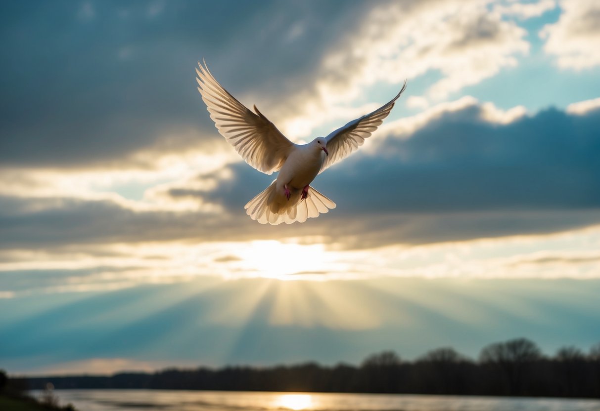 A dove descends as light breaks through clouds over a river