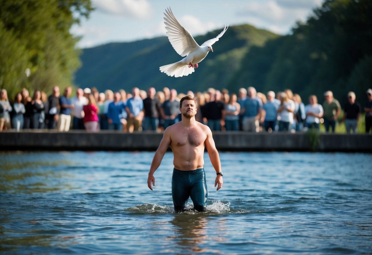 A river scene with a man standing in the water, surrounded by onlookers and a dove descending from the sky