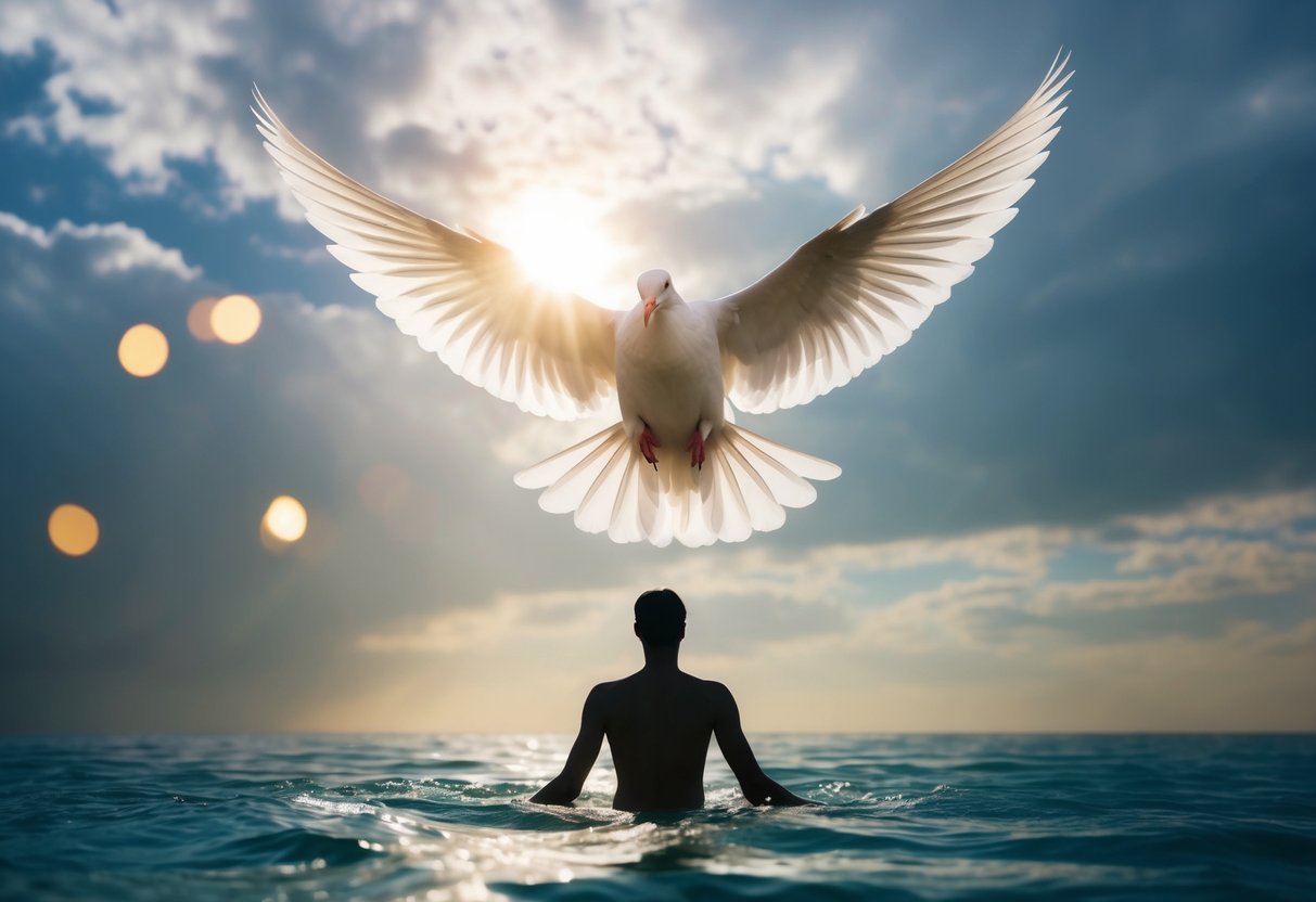 A dove descends as light breaks through clouds onto a figure in flowing waters