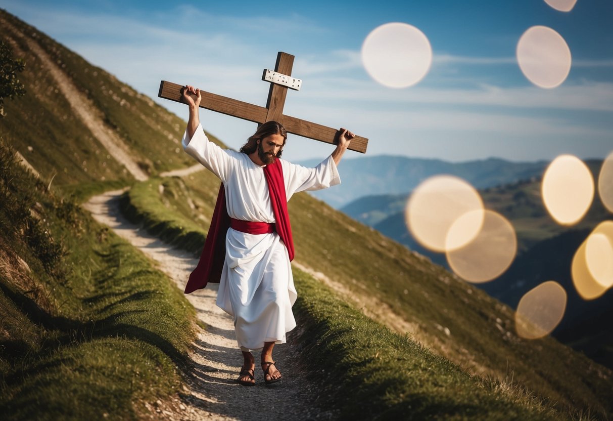 Jesus carries the cross up a steep, winding path, with the weight causing him to stumble