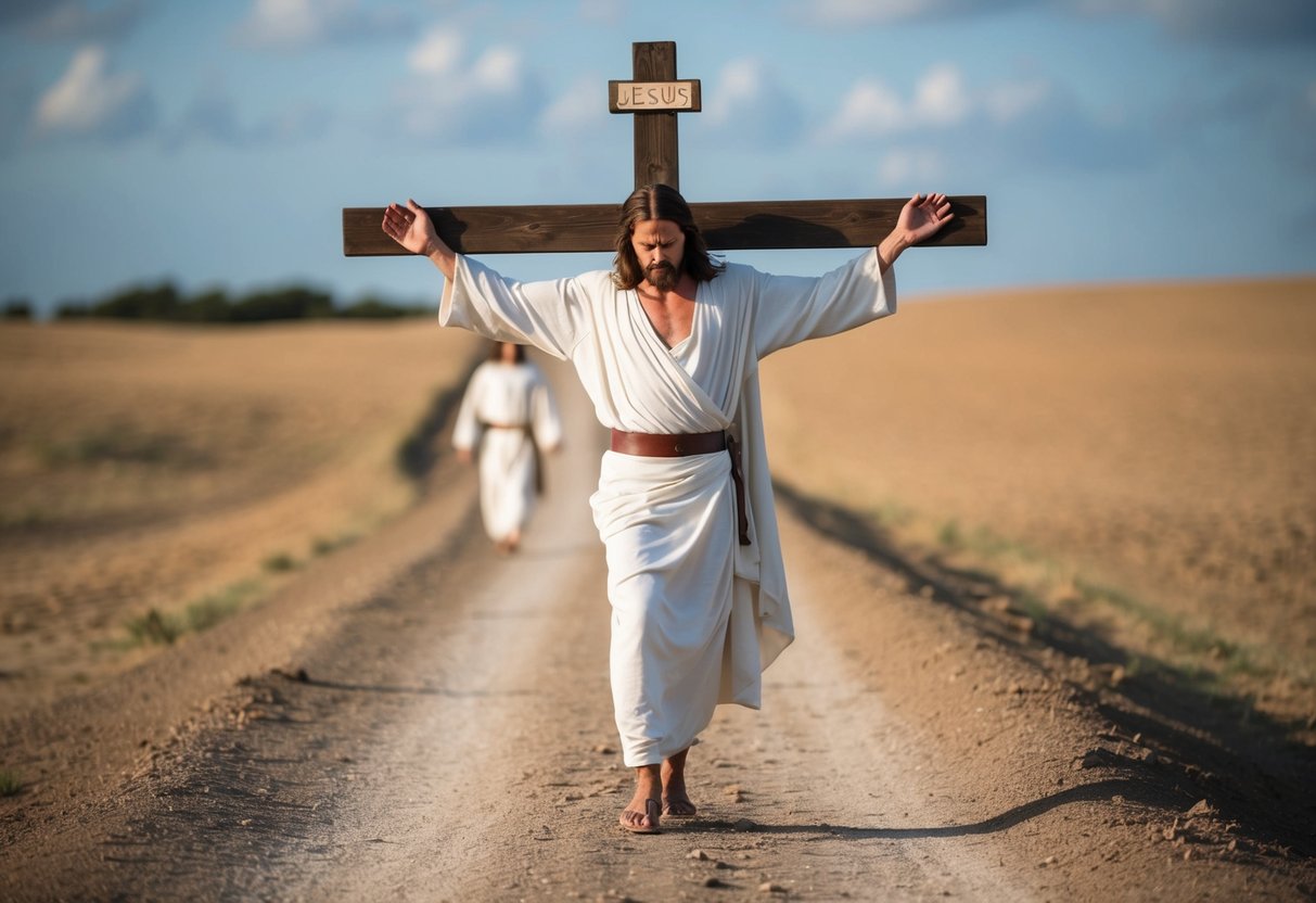 Jesus struggles under the weight of the cross, sweat glistening on his brow, as he trudges along the dusty path towards Calvary