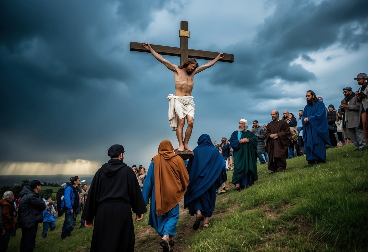 Jesus carries the cross uphill, surrounded by onlookers, under a dark and stormy sky