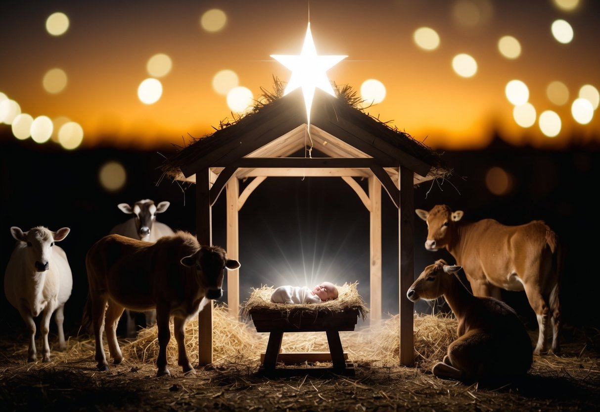 A bright star shines over a humble stable with animals, where a newborn baby lies in a manger