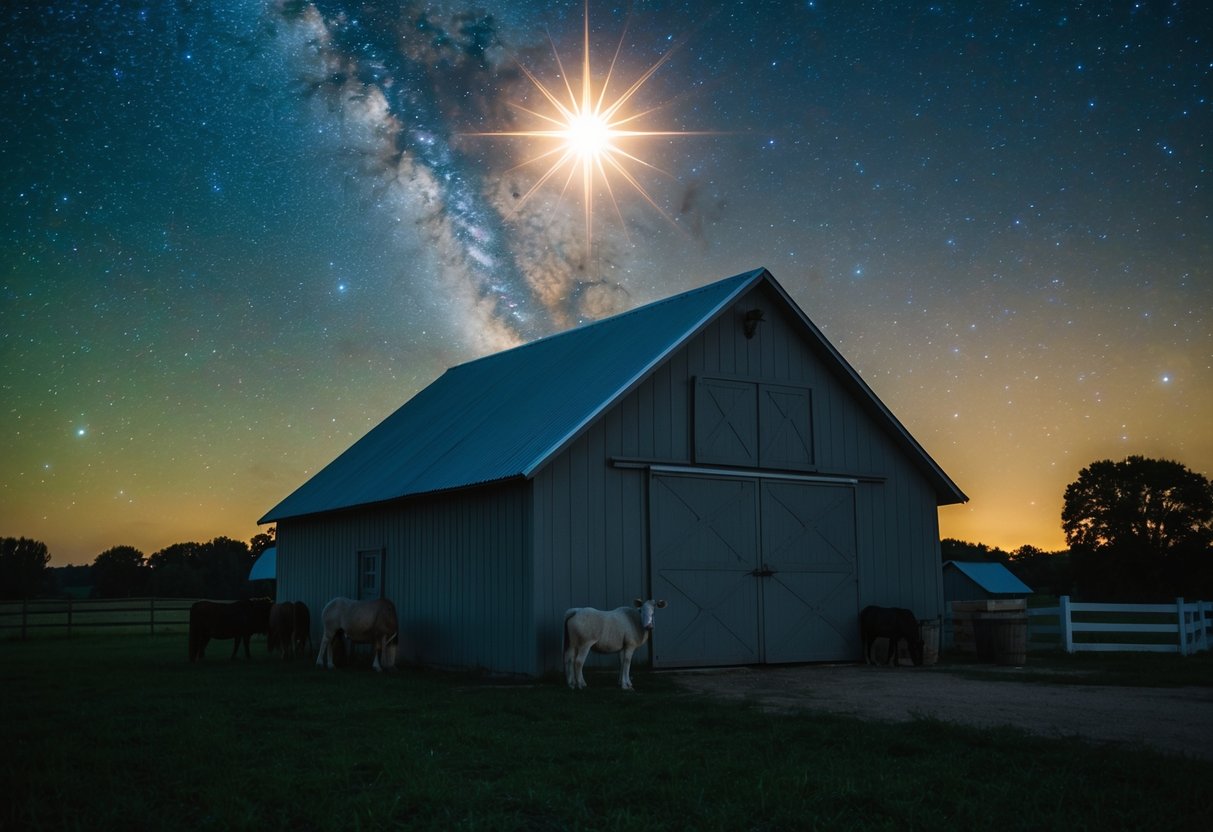 A humble stable on a starry night, with a bright guiding star overhead and animals nearby
