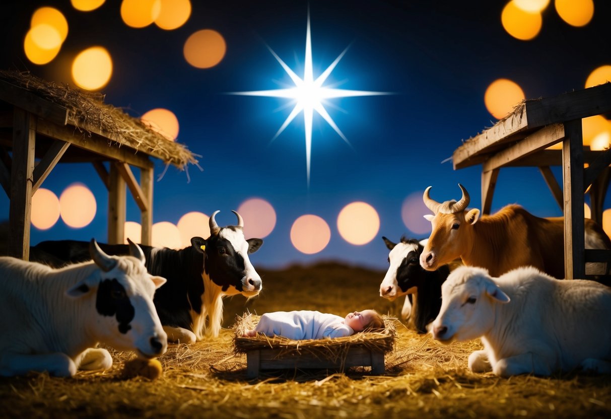 A bright star shines over a humble stable, where animals gather around a newborn baby lying in a manger