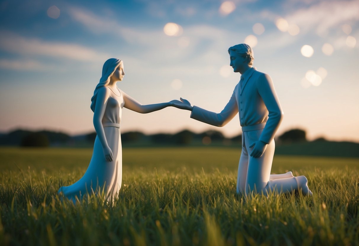 A serene landscape with a figure extending a hand in forgiveness to another figure