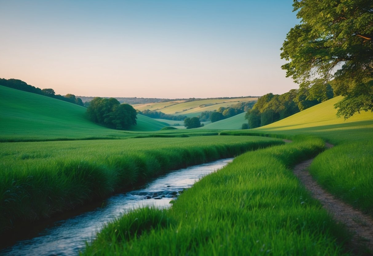 A serene landscape with a calm, clear sky and a gentle stream flowing through a lush, green valley, symbolizing the concept of forgiveness