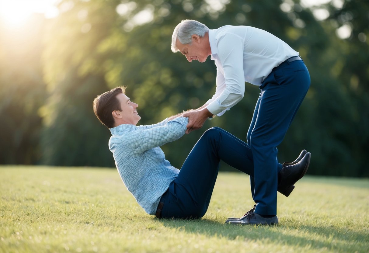 A person helping another up after a fall, symbolizing forgiveness and compassion in daily life