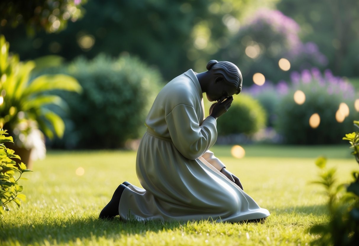 A figure kneeling in a serene garden, head bowed, surrounded by soft light and peaceful atmosphere