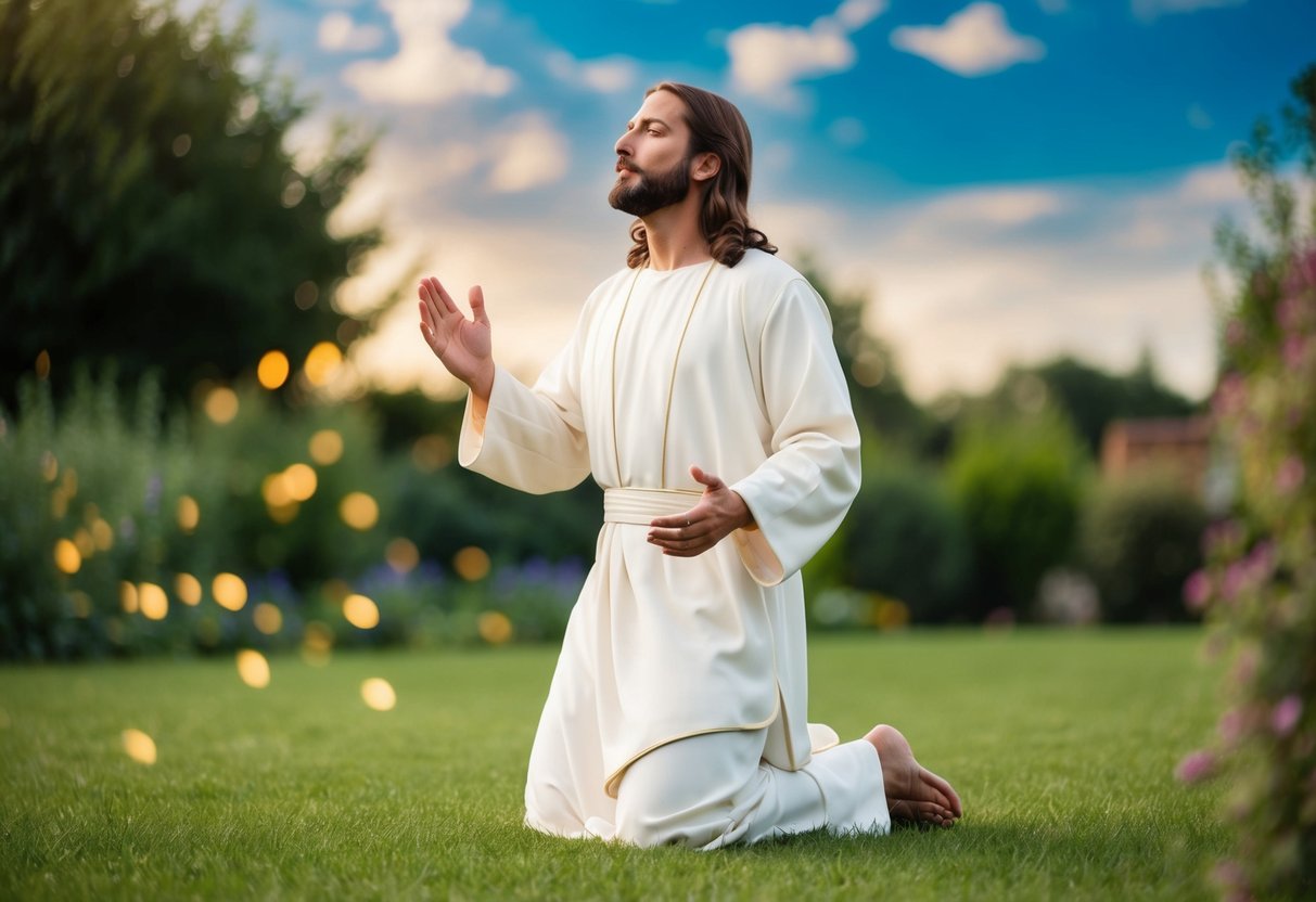 Jesus kneeling in a garden, looking up to the sky with a serene expression, surrounded by a peaceful aura