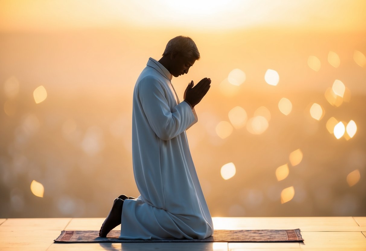 A serene figure kneeling in prayer, surrounded by a soft golden light, with a feeling of reverence and connection