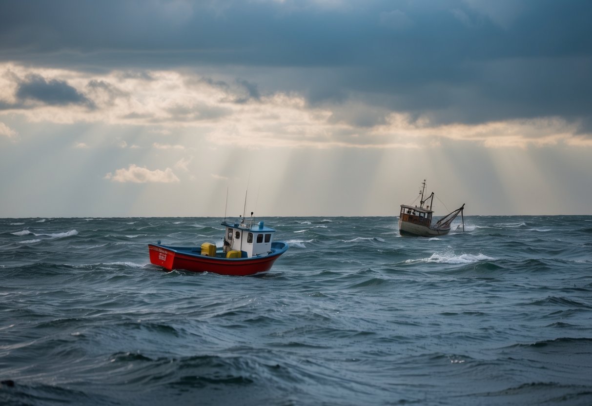 A stormy sea with a small fishing boat sinking in the distance