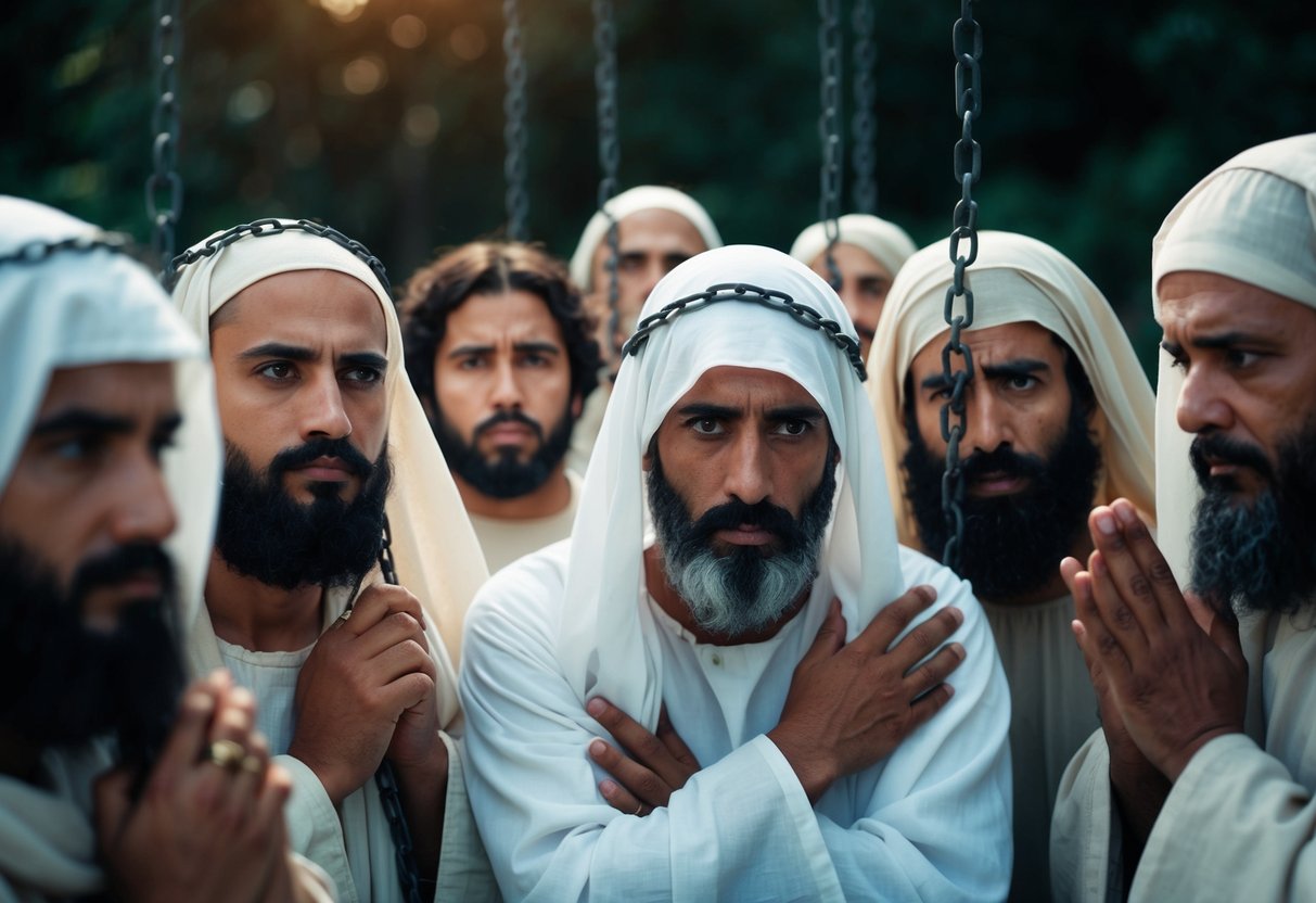 A group of disciples facing persecution, some in chains, others in hiding, with a sense of fear and bravery in their eyes