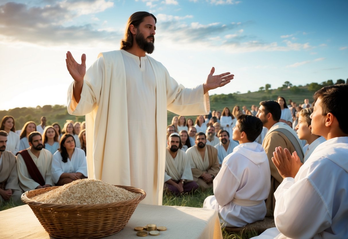 Jesus teaches about tithing to a crowd on a hillside, with a basket of grain and coins in the foreground. His disciples listen intently as he gestures and speaks