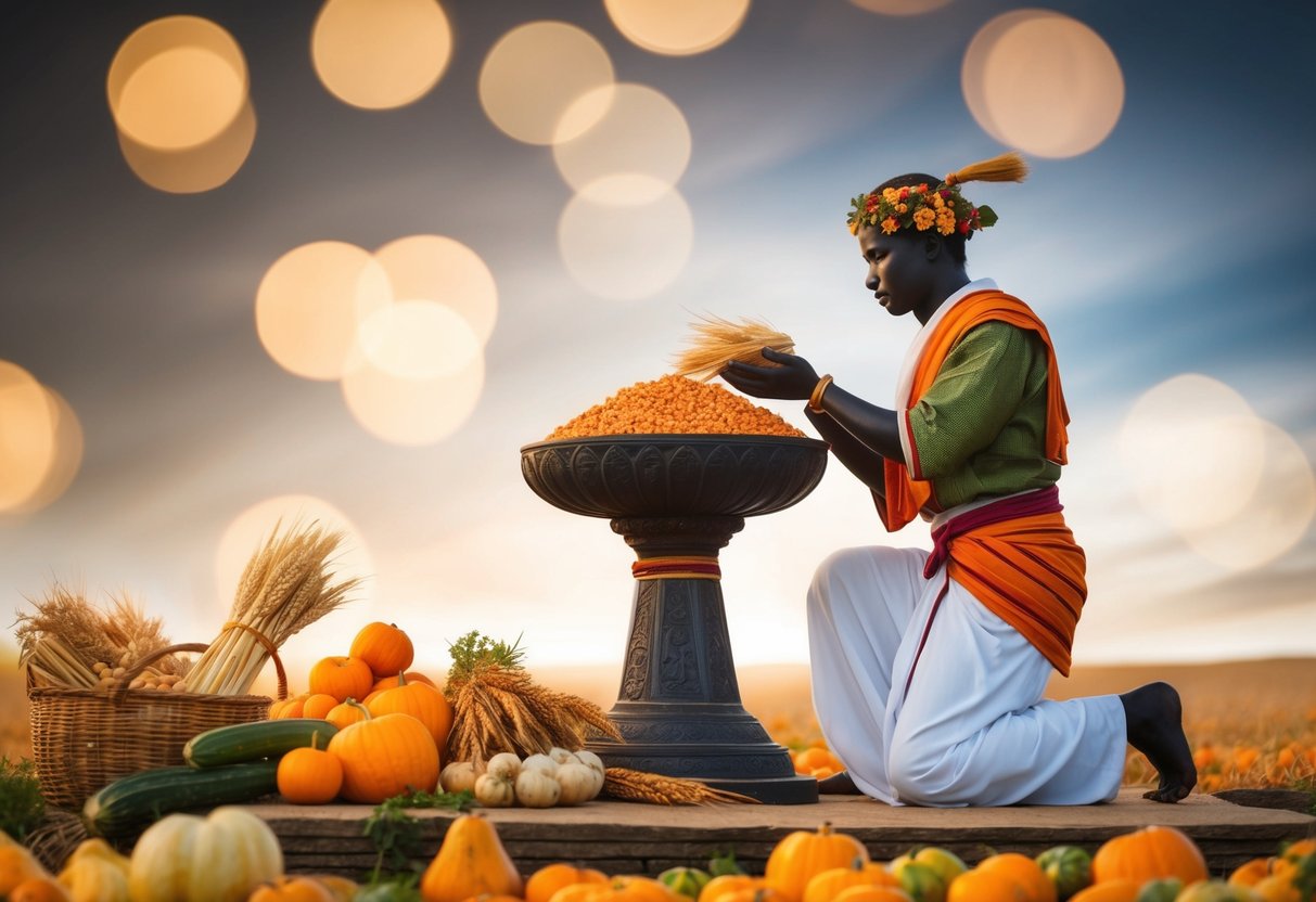 A figure kneeling before an altar, offering a portion of their harvest as a symbol of devotion and worship