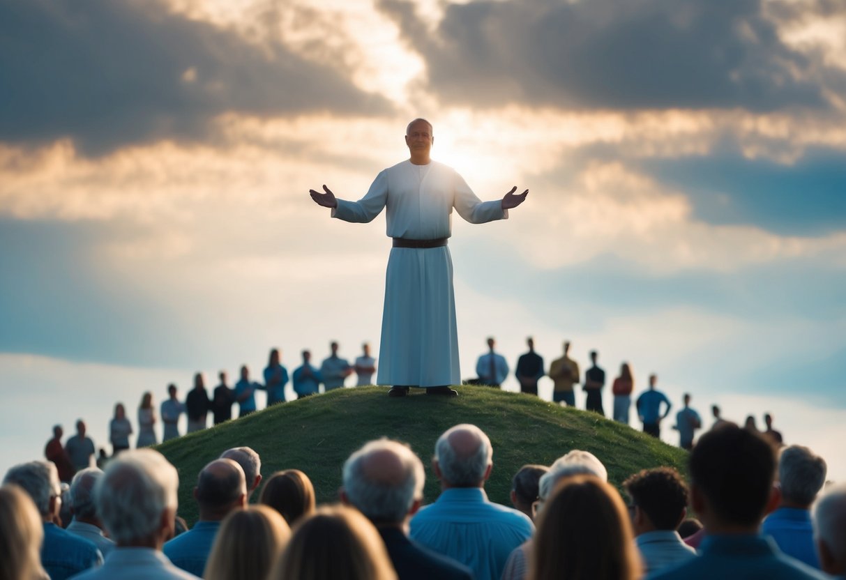 A figure standing on a hill, surrounded by a crowd, speaking with authority and compassion