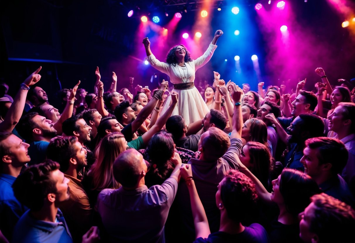 A crowd of people gathered around a figure on a stage, singing and dancing with passion and energy. The atmosphere is electric, with colorful lights and a sense of excitement in the air