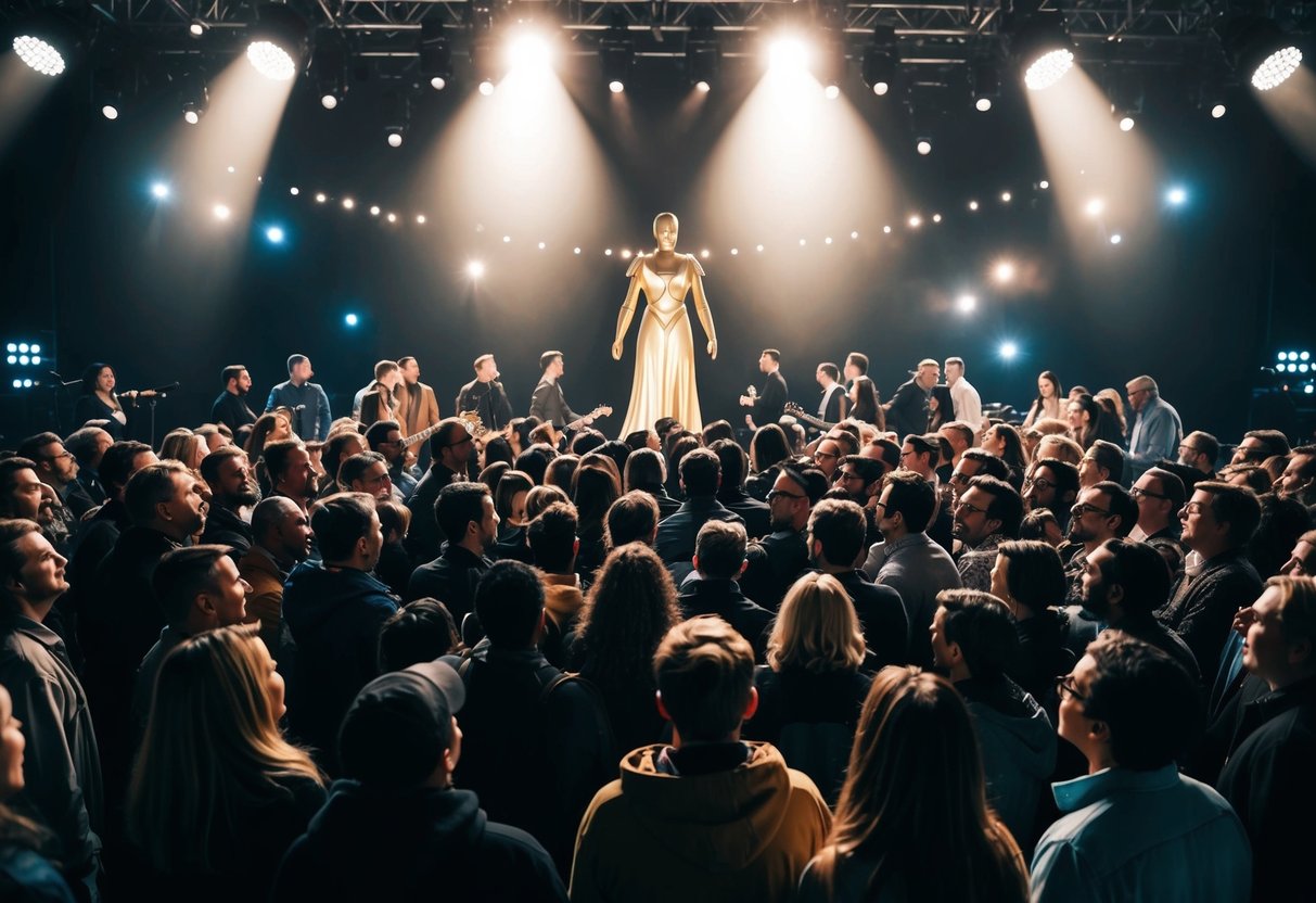 A crowd of people gathered around a figure on stage, with bright lights shining down and music filling the air