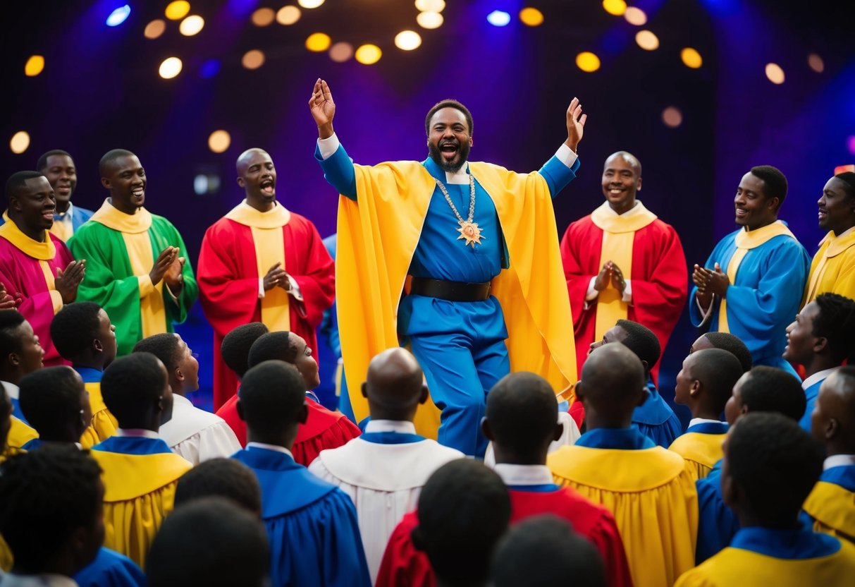 A crowd of people gathers around a man on a stage, singing and dancing in colorful costumes. The man is surrounded by a group of disciples and is the center of attention