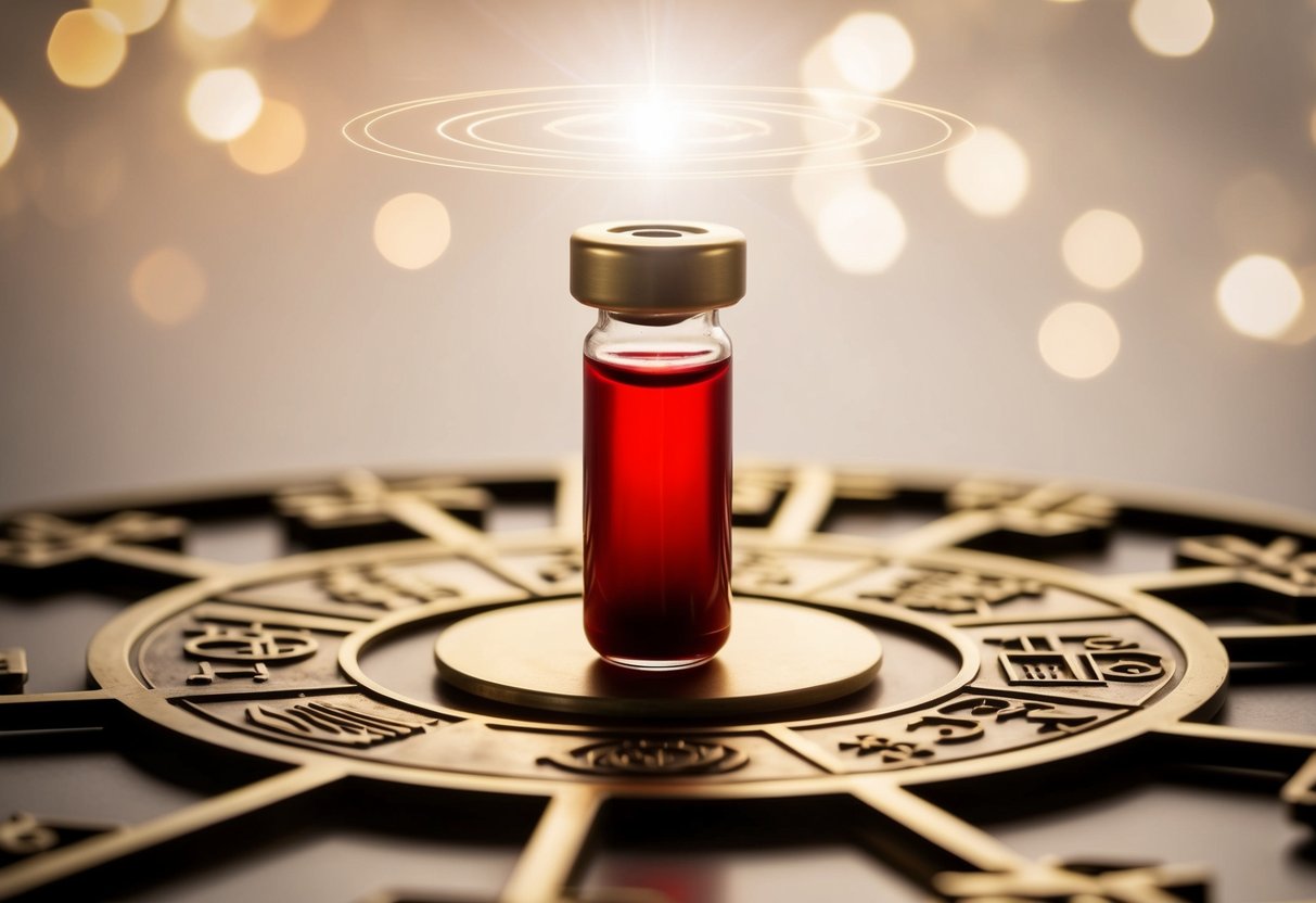 A vial of blood with a halo above it, surrounded by symbols of religious significance
