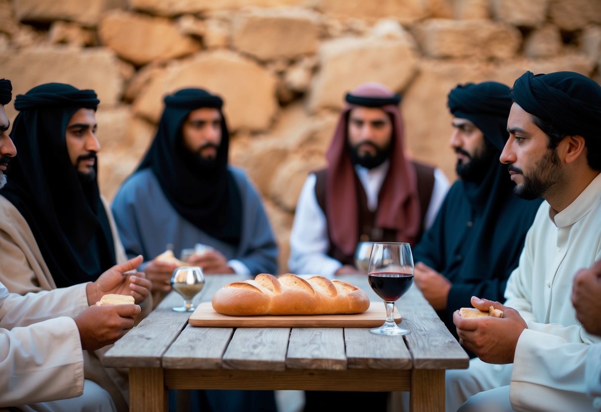 A simple wooden table with a loaf of bread and a cup of wine, surrounded by a group of people in ancient Middle Eastern clothing