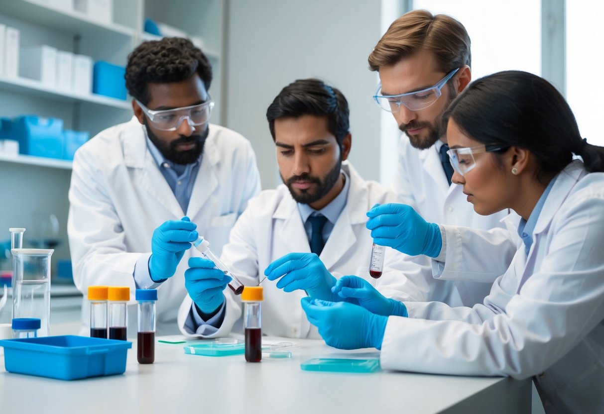 A group of scientists in a lab, examining vials of blood and conducting tests to determine the blood type of Jesus